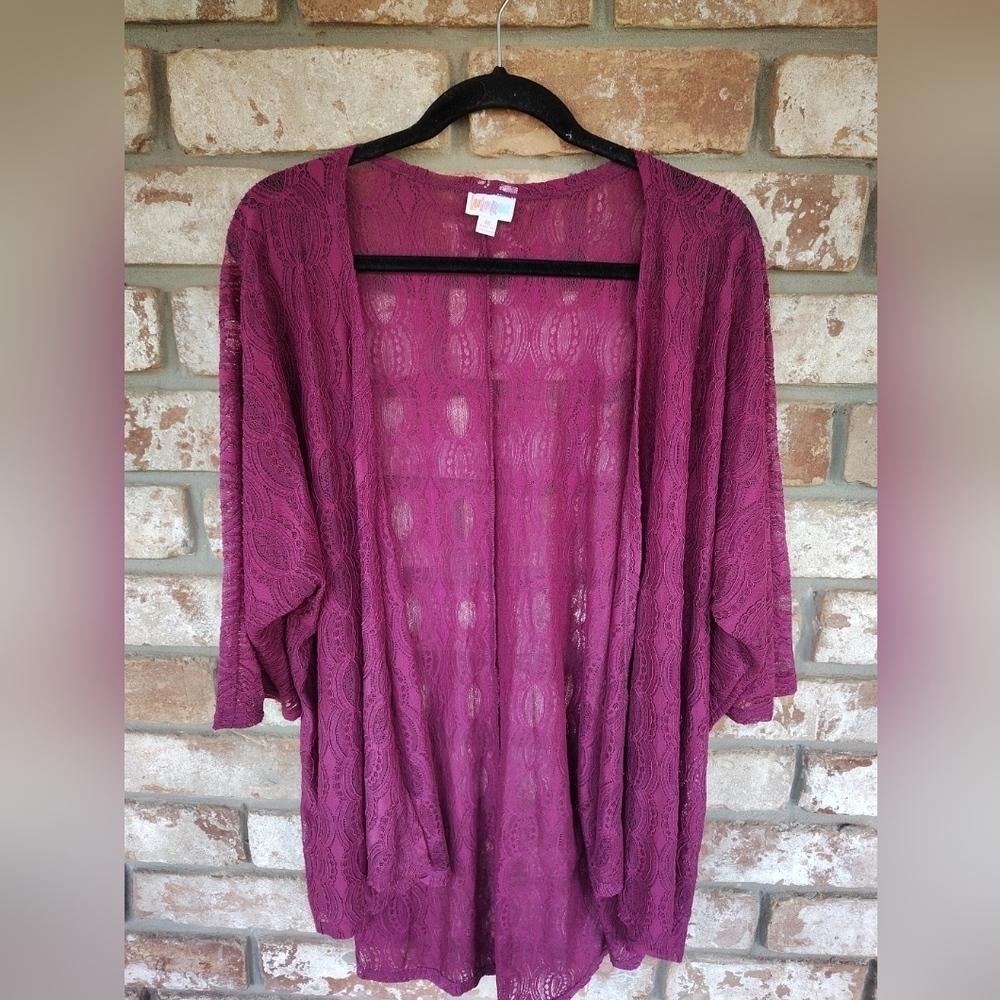 Lularoe Women's Open Front Purple Lace Lindsay Cardigan Kimono Sz M Romantic